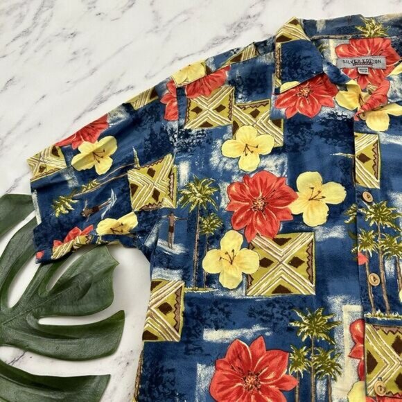 Quicksilver Mens Vintage Y2k Hawaiian Shirt Size M Blue Red Tropical Surfer Tiki - Picture 4 of 12